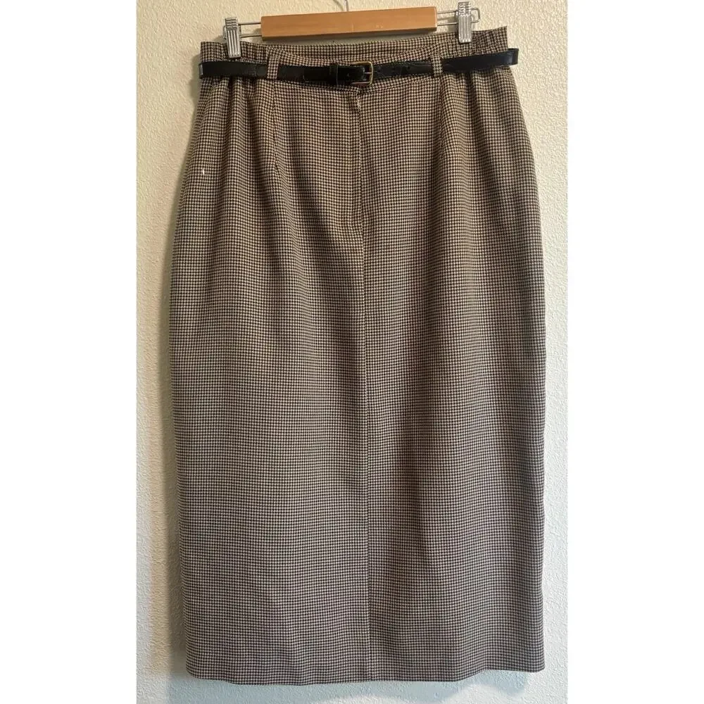 VTG Worthington Houndstooth Tweed Belted Midi Pencil Skirt Brown Beige Size 16 - Picture 2 of 12